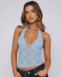 Veloura Top by Lauven — light blue women’s floral lace halter top with sheer mesh detail