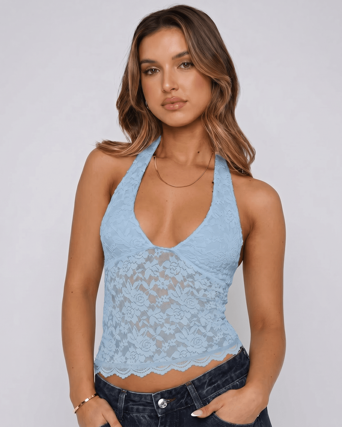 Veloura Top by Lauven — light blue women’s floral lace halter top with sheer mesh detail