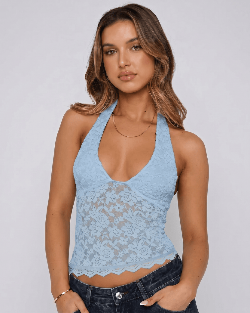 Veloura Top by Lauven — light blue women’s floral lace halter top with sheer mesh detail