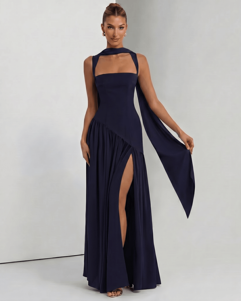 Seralune Maxi Dress by Lauven — navy stretch crepe sleeveless square neck fitted maxi dress