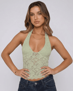 Veloura Top by Lauven — women’s floral lace halter top with sheer mesh detail