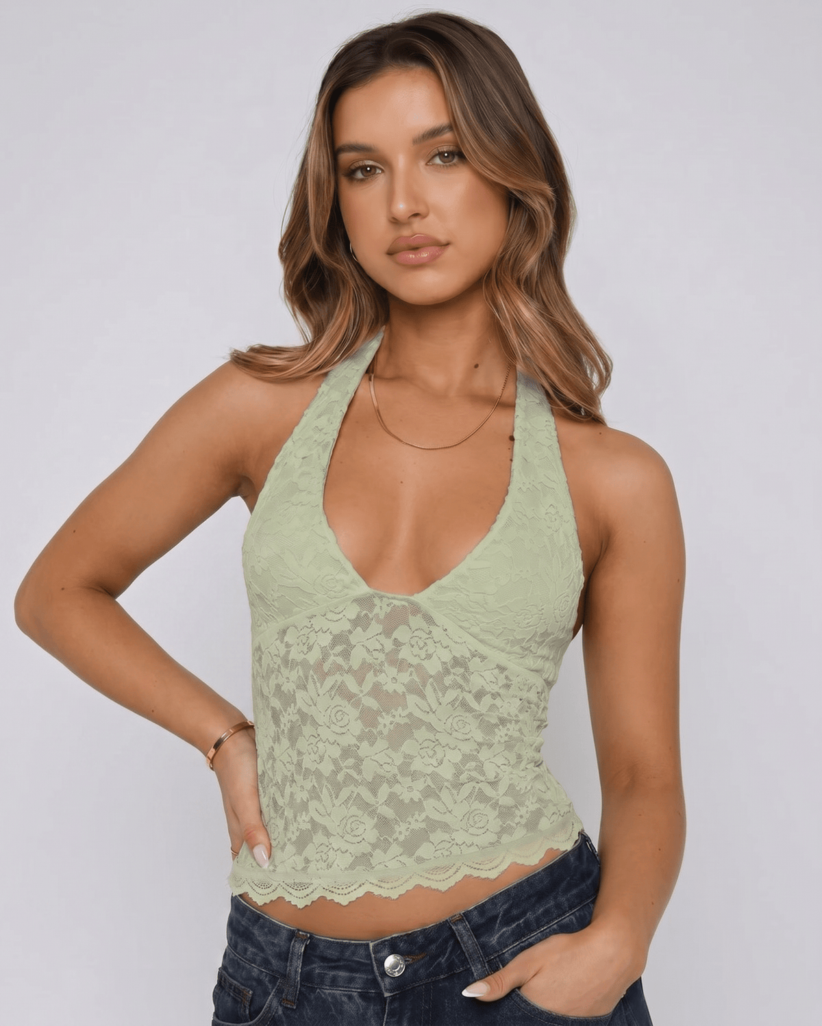 Veloura Top by Lauven — women’s floral lace halter top with sheer mesh detail