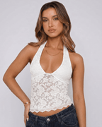 Veloura Top by Lauven — women’s floral lace halter top with sheer mesh detail