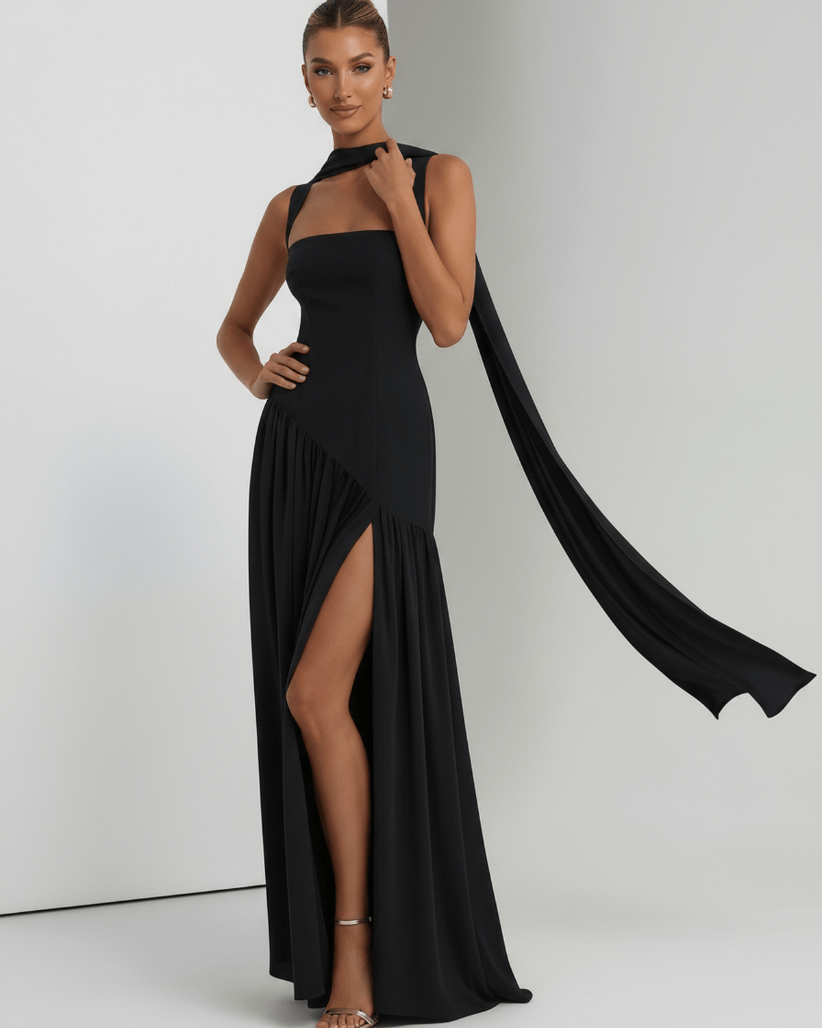 Seralune Maxi Dress by Lauven — stretch crepe sleeveless square neck fitted maxi dress