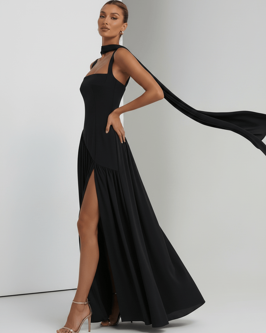 Seralune Maxi Dress by Lauven — stretch crepe sleeveless square neck fitted maxi dress