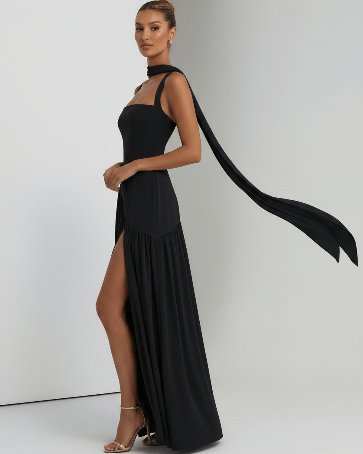Seralune Maxi Dress by Lauven — stretch crepe sleeveless square neck fitted maxi dress