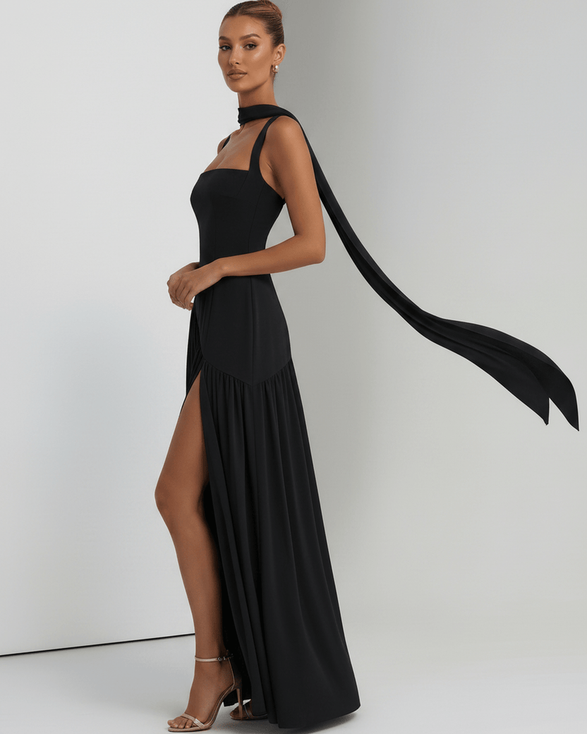 Seralune Maxi Dress by Lauven — stretch crepe sleeveless square neck fitted maxi dress