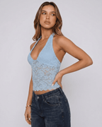 Veloura Top by Lauven — women’s floral lace halter top with sheer mesh detail
