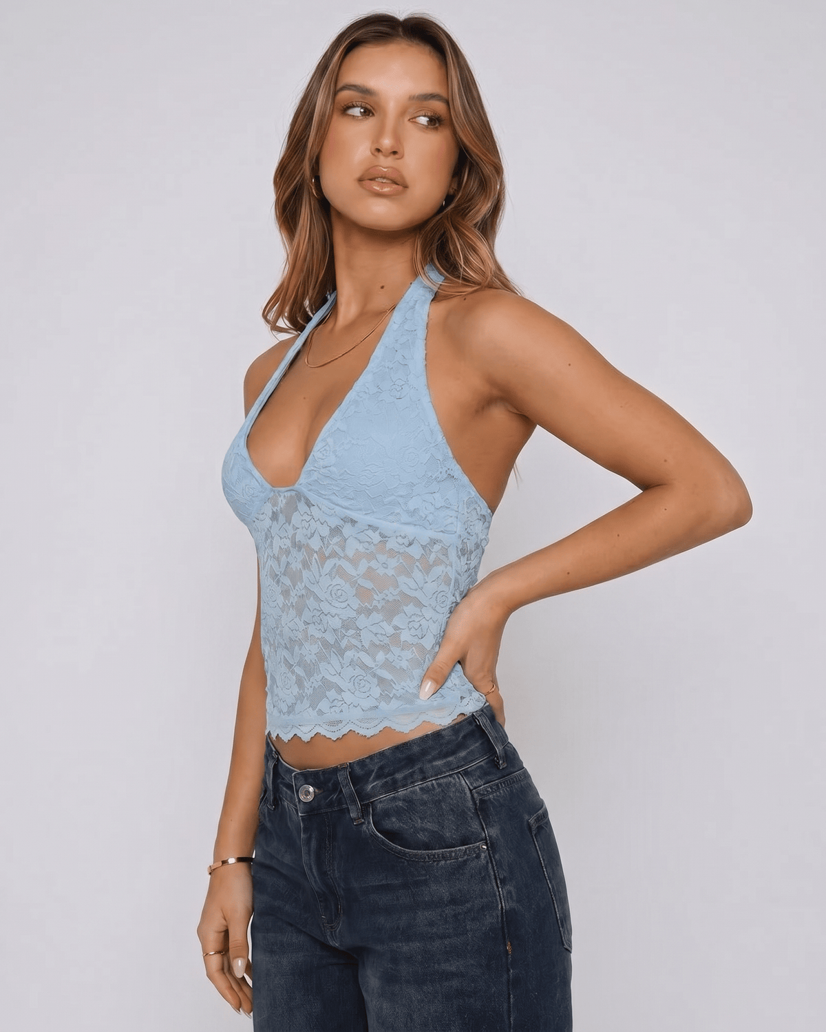Veloura Top by Lauven — women’s floral lace halter top with sheer mesh detail