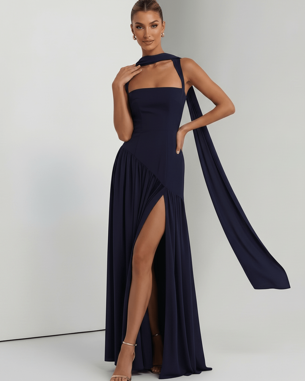 Seralune Maxi Dress by Lauven — stretch crepe sleeveless square neck fitted maxi dress