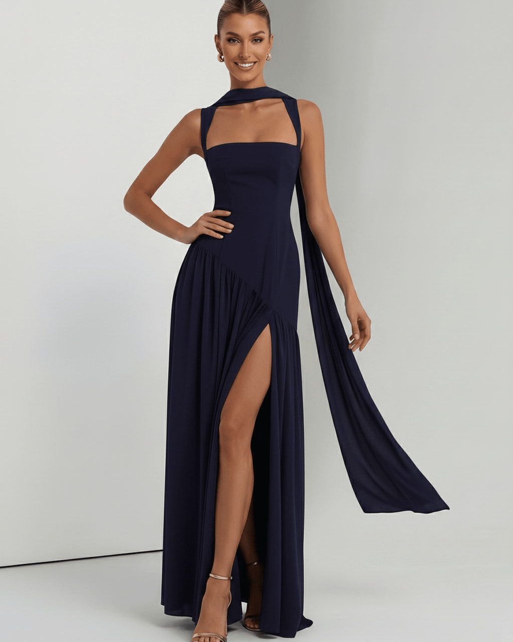 Seralune Maxi Dress by Lauven — stretch crepe sleeveless square neck fitted maxi dress