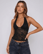 Veloura Top by Lauven — women’s floral lace halter top with sheer mesh detail