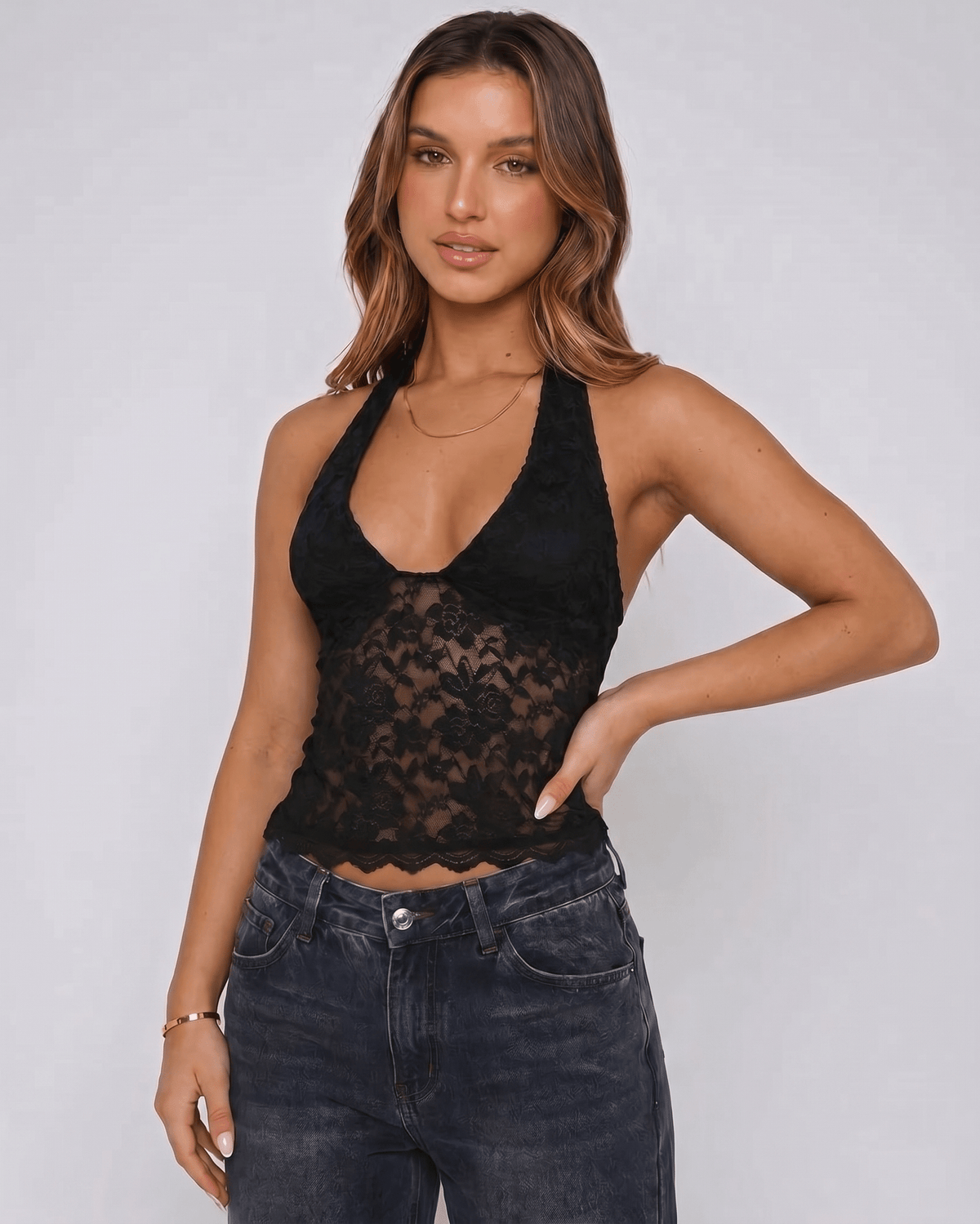 Veloura Top by Lauven — women’s floral lace halter top with sheer mesh detail