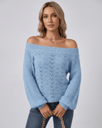 Veloura Sweater by Lauven — blue women’s off shoulder knit sweater with lantern sleeves and hollow knit texture