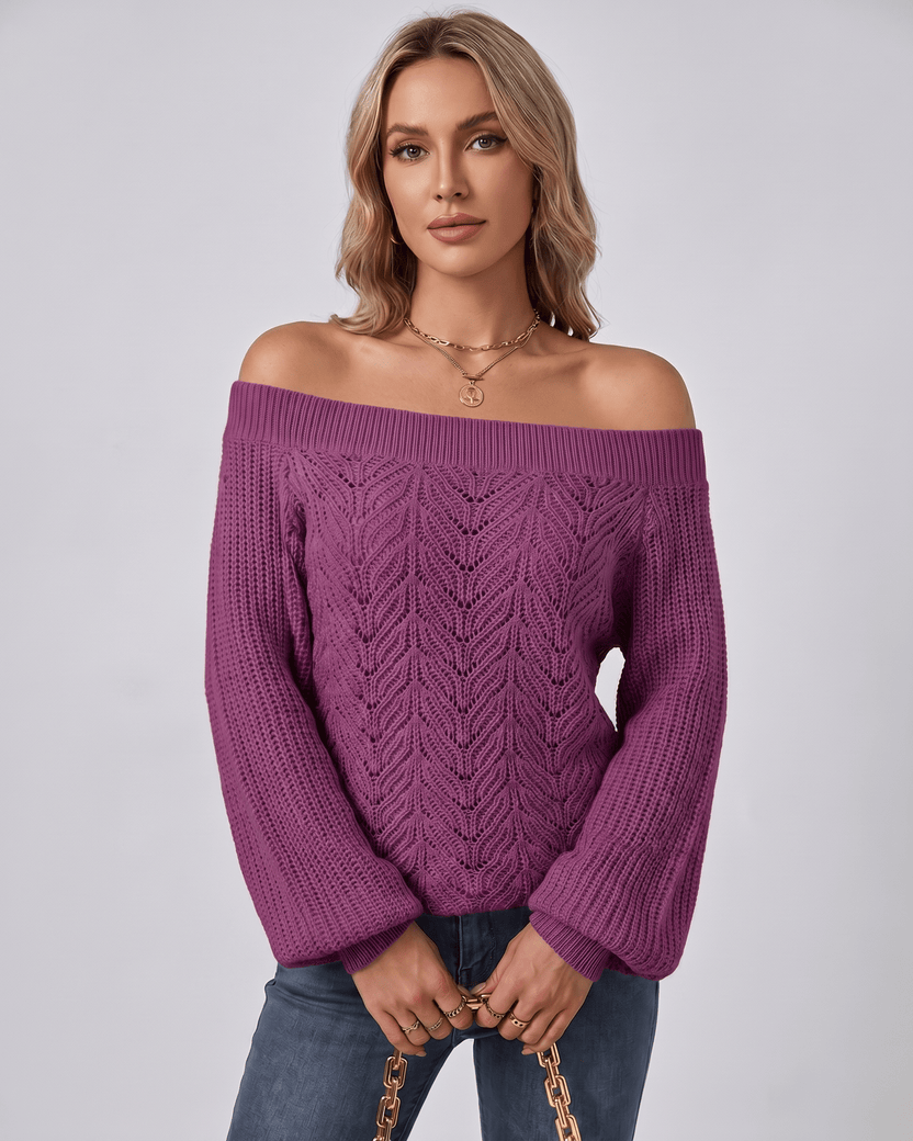 Veloura Sweater by Lauven — purple women’s off shoulder knit sweater with lantern sleeves and hollow knit texture