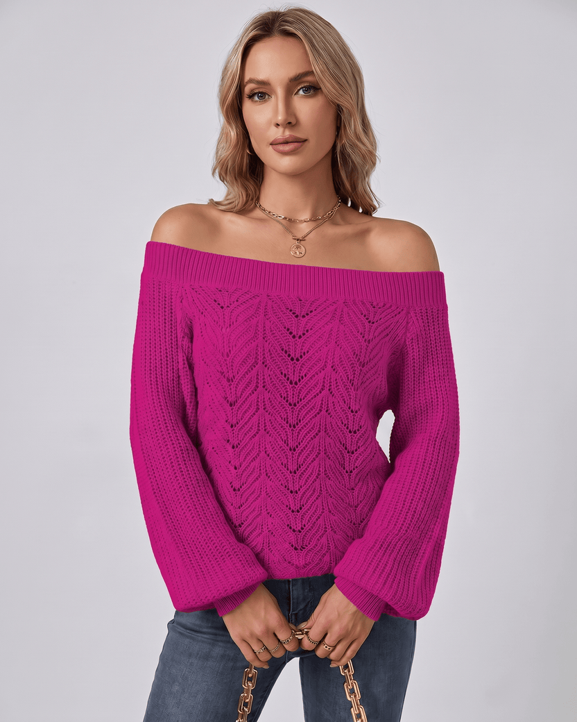 Veloura Sweater by Lauven — pink women’s off shoulder knit sweater with lantern sleeves and hollow knit texture