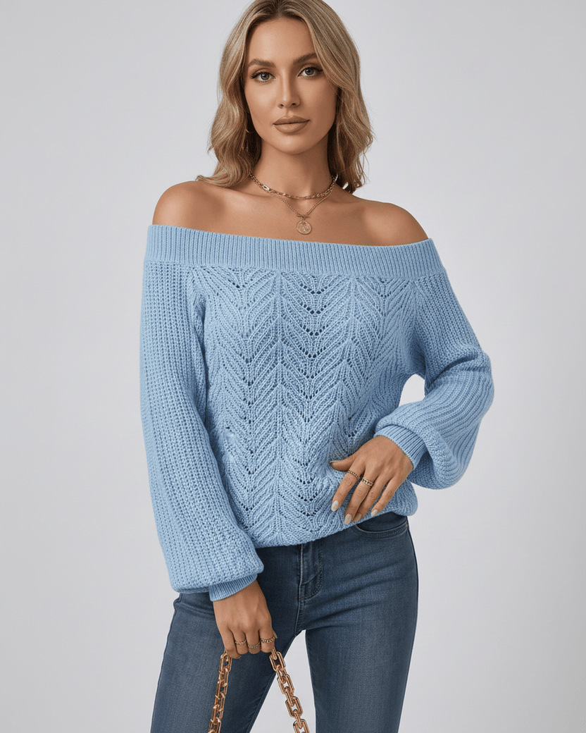 Veloura Sweater by Lauven — women’s off shoulder knit sweater with lantern sleeves and hollow knit texture