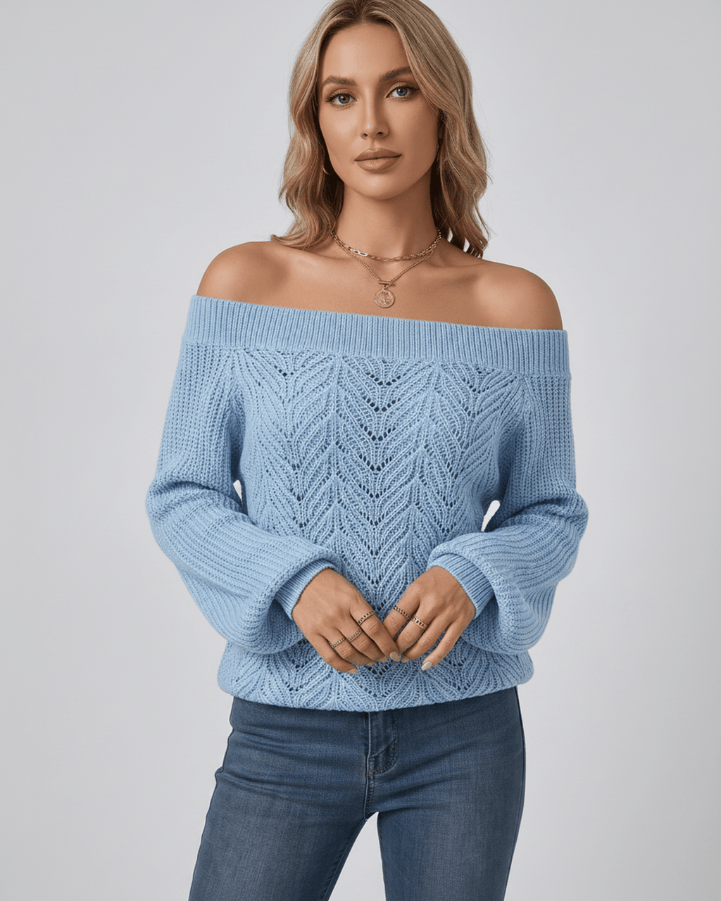 Veloura Sweater by Lauven — women’s off shoulder knit sweater with lantern sleeves and hollow knit texture