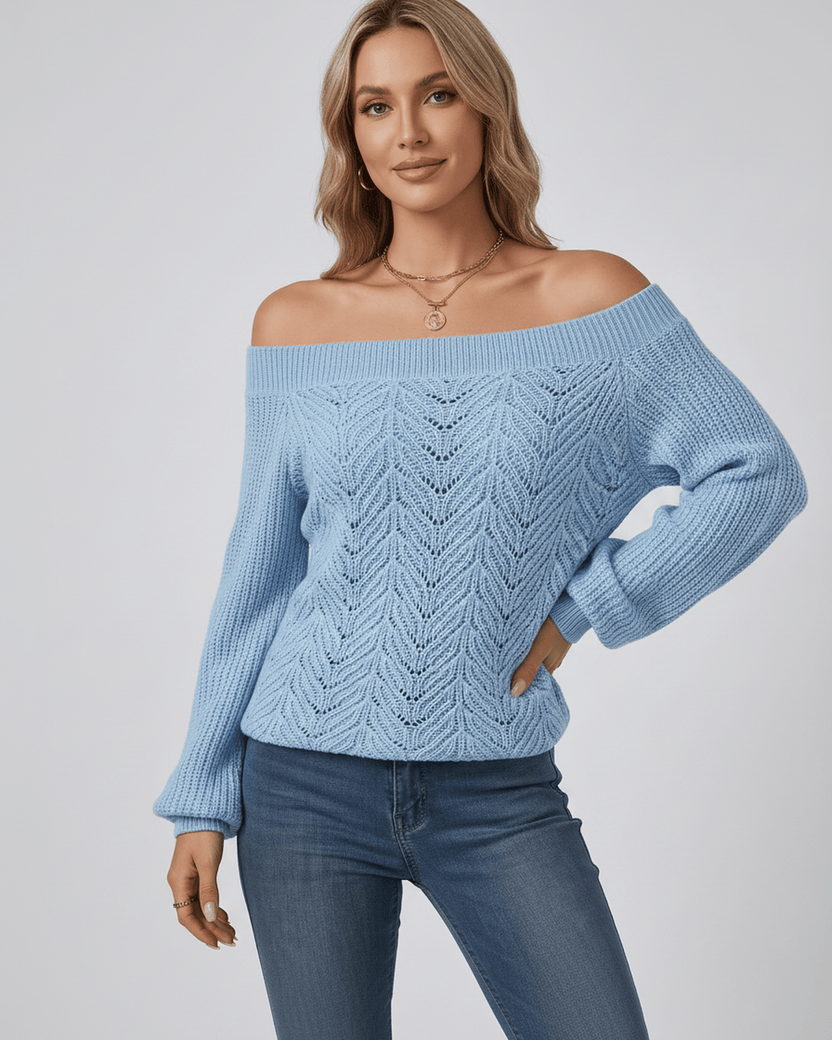 Veloura Sweater by Lauven — women’s off shoulder knit sweater with lantern sleeves and hollow knit texture