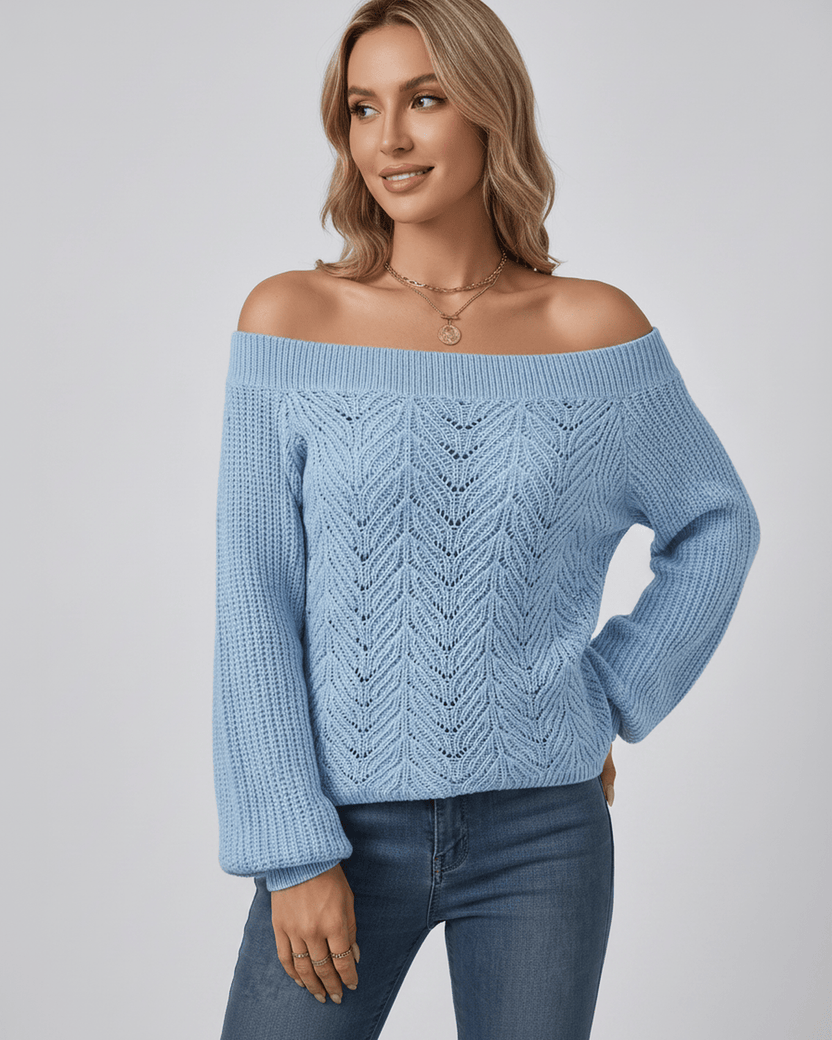 Veloura Sweater by Lauven — women’s off shoulder knit sweater with lantern sleeves and hollow knit texture