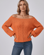 Veloura Sweater by Lauven — women’s off shoulder knit sweater with lantern sleeves and hollow knit texture