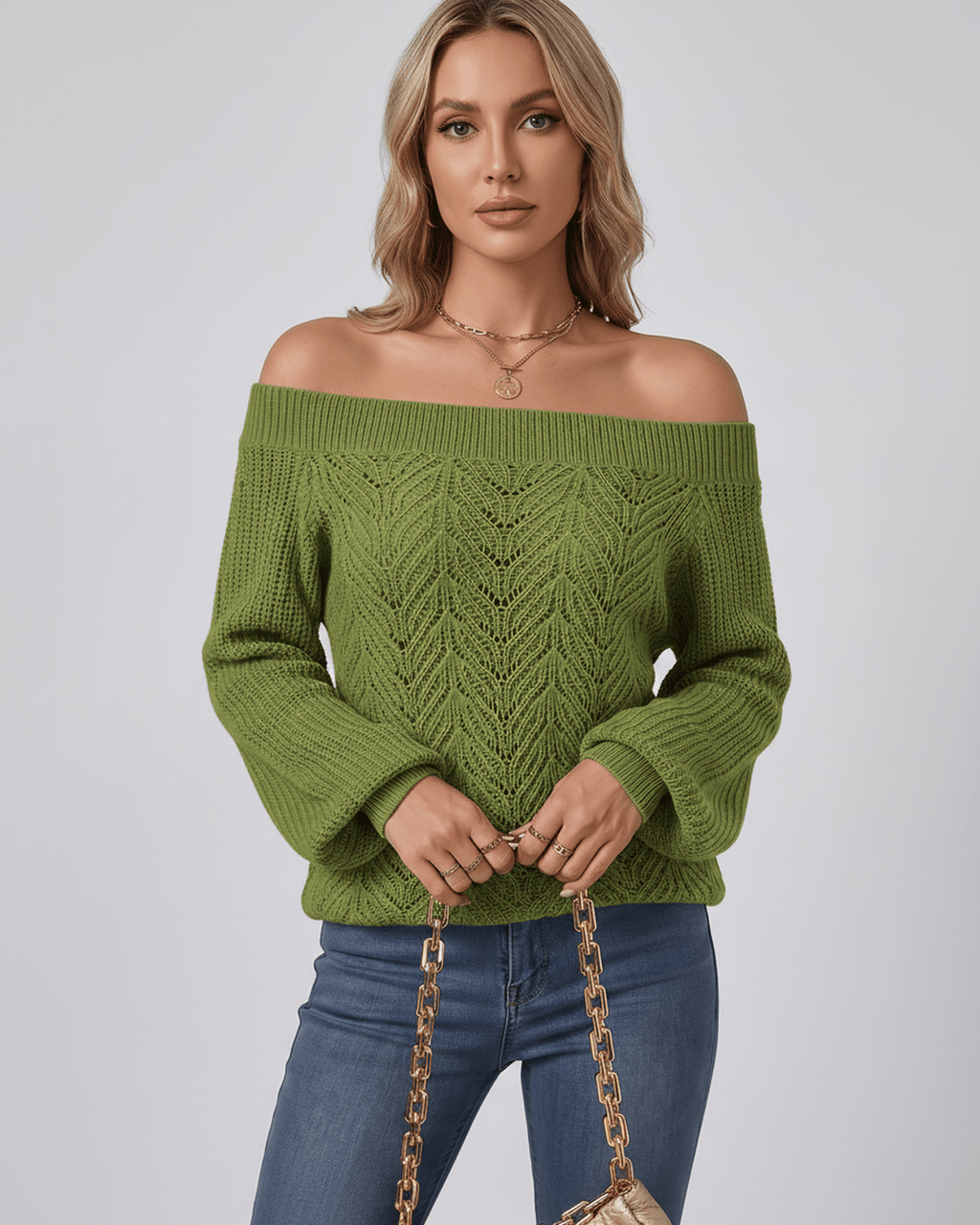 Veloura Sweater by Lauven — women’s off shoulder knit sweater with lantern sleeves and hollow knit texture