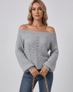Veloura Sweater by Lauven — women’s off shoulder knit sweater with lantern sleeves and hollow knit texture