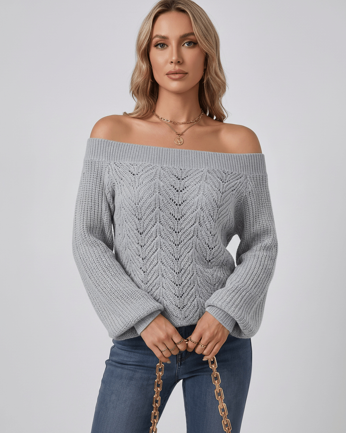 Veloura Sweater by Lauven — women’s off shoulder knit sweater with lantern sleeves and hollow knit texture