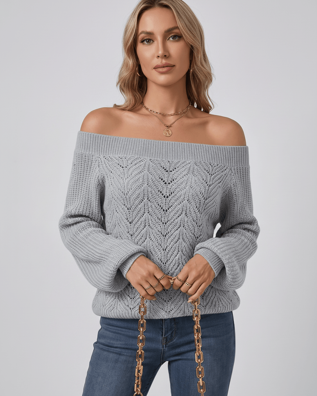 Veloura Sweater by Lauven — women’s off shoulder knit sweater with lantern sleeves and hollow knit texture