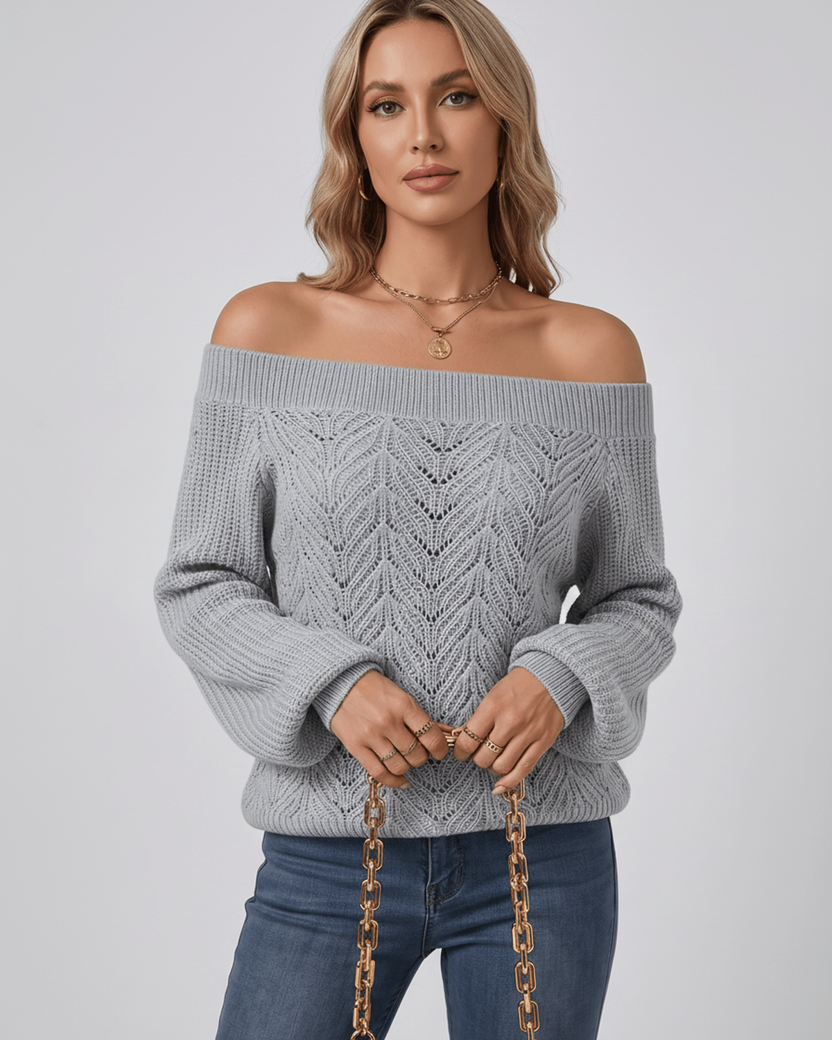 Veloura Sweater by Lauven — women’s off shoulder knit sweater with lantern sleeves and hollow knit texture