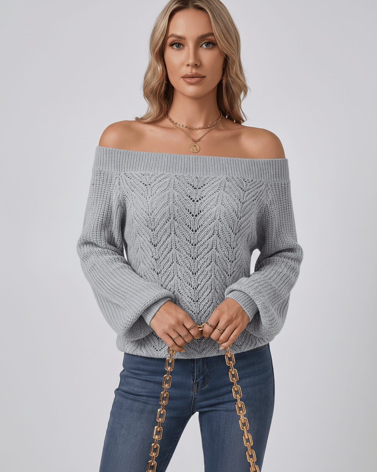 Veloura Sweater by Lauven — women’s off shoulder knit sweater with lantern sleeves and hollow knit texture