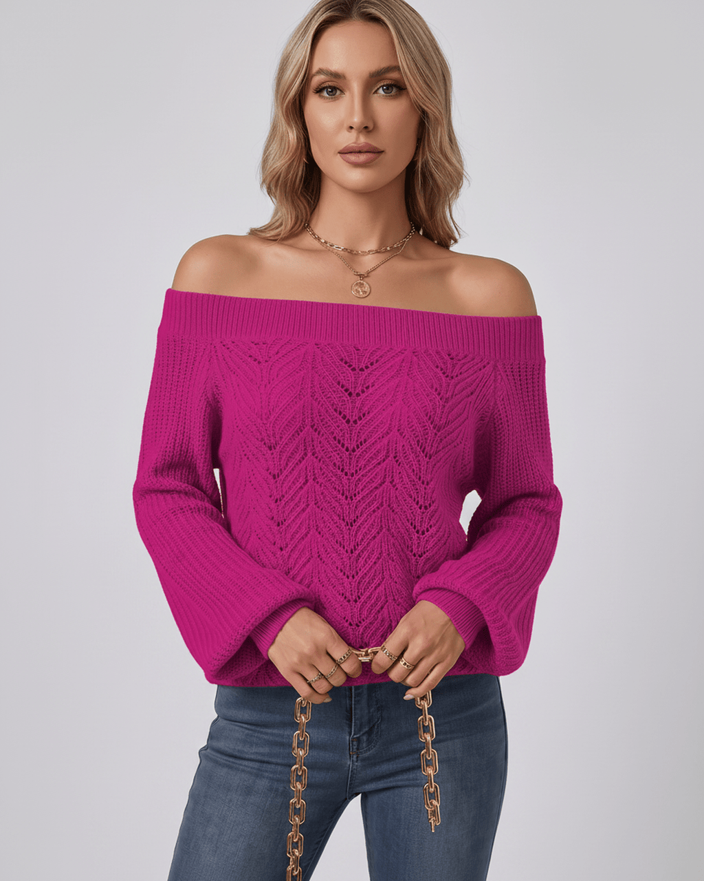 Veloura Sweater by Lauven — women’s off shoulder knit sweater with lantern sleeves and hollow knit texture