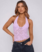 Veloura Top by Lauven — women’s floral lace halter top with sheer mesh detail