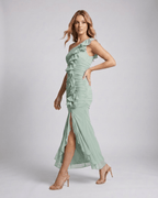 Veloura Maxi Dress by Lauven — chiffon sleeveless one-shoulder draped maxi dress