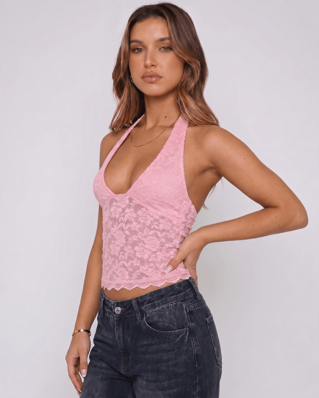 Veloura Top by Lauven — women’s floral lace halter top with sheer mesh detail