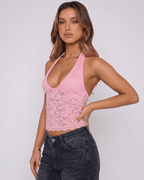 Veloura Top by Lauven — women’s floral lace halter top with sheer mesh detail