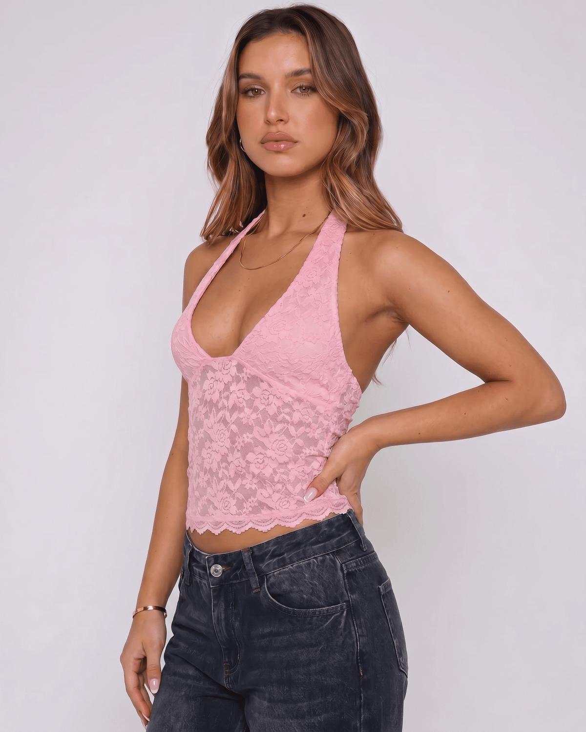 Veloura Top by Lauven — women’s floral lace halter top with sheer mesh detail