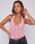 Veloura Top by Lauven — women’s floral lace halter top with sheer mesh detail