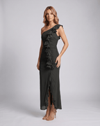 Veloura Maxi Dress by Lauven — chiffon sleeveless one-shoulder draped maxi dress