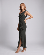 Veloura Maxi Dress by Lauven — chiffon sleeveless one-shoulder draped maxi dress