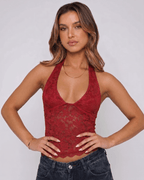Veloura Top by Lauven — women’s floral lace halter top with sheer mesh detail
