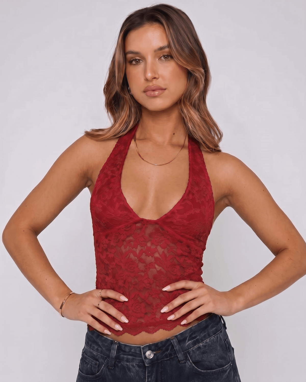 Veloura Top by Lauven — women’s floral lace halter top with sheer mesh detail