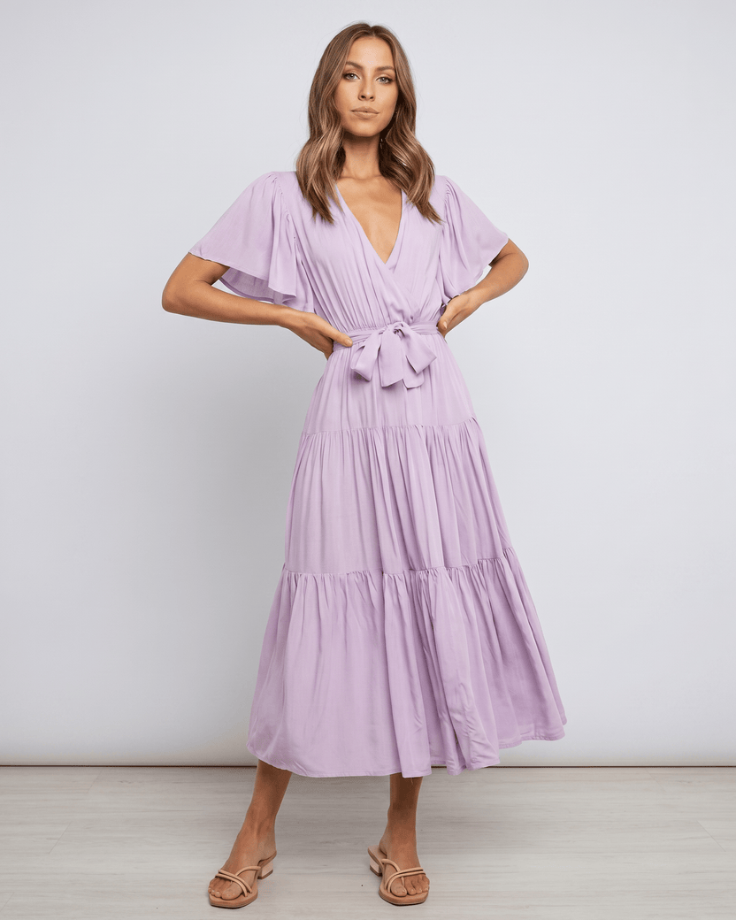 Solenne Midi Dress by Lauven — lilac chiffon butterfly sleeve V-neck tiered midi dress
