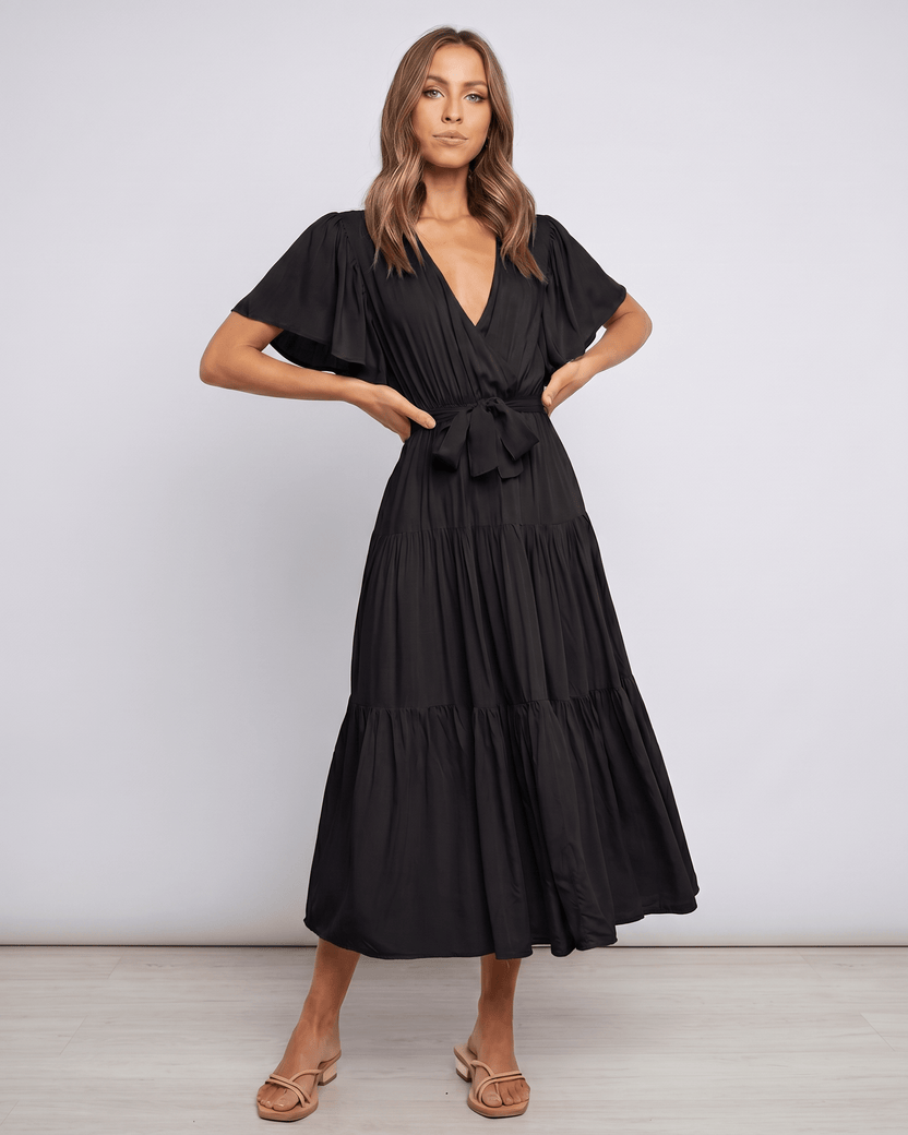 Solenne Midi Dress by Lauven — black chiffon butterfly sleeve V-neck tiered midi dress