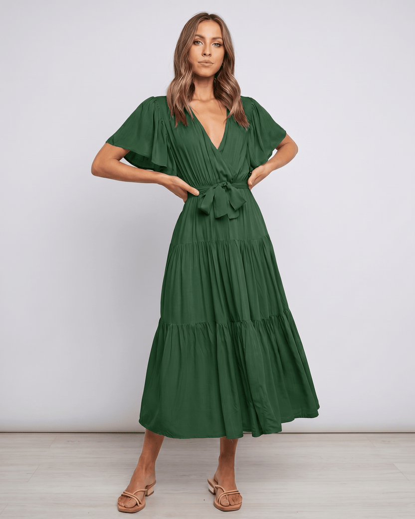 Solenne Midi Dress by Lauven — green chiffon butterfly sleeve V-neck tiered midi dress