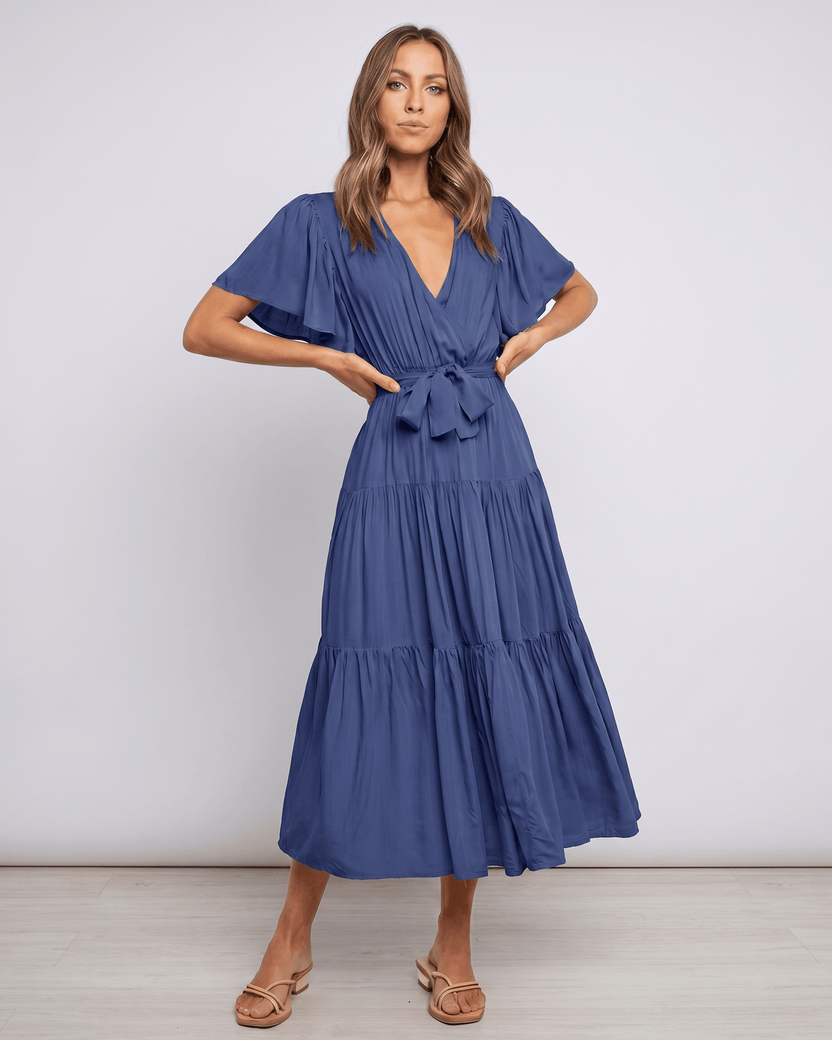 Solenne Midi Dress by Lauven — blue chiffon butterfly sleeve V-neck tiered midi dress