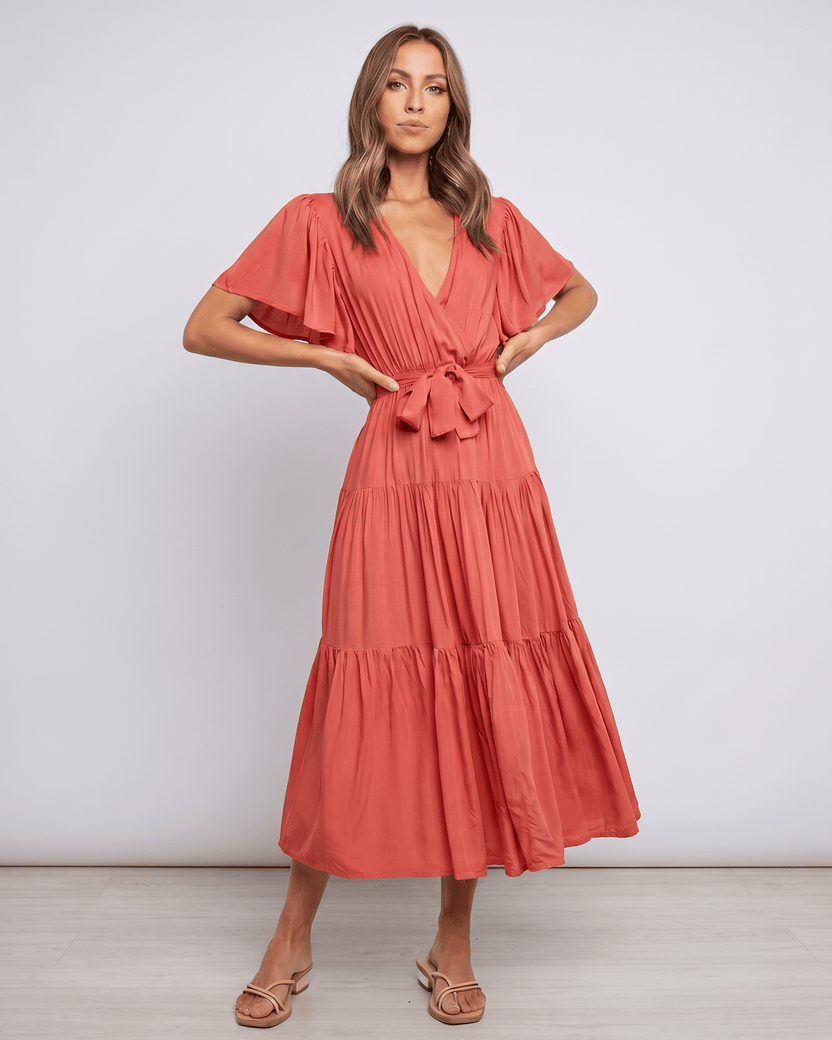 Solenne Midi Dress by Lauven — watermelon red chiffon butterfly sleeve V-neck tiered midi dress