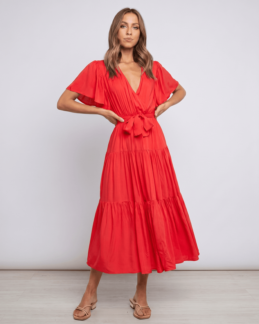 Solenne Midi Dress by Lauven — red chiffon butterfly sleeve V-neck tiered midi dress