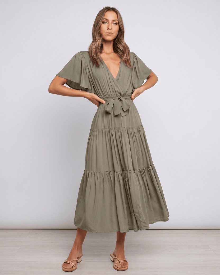 Solenne Midi Dress by Lauven — army green chiffon butterfly sleeve V-neck tiered midi dress