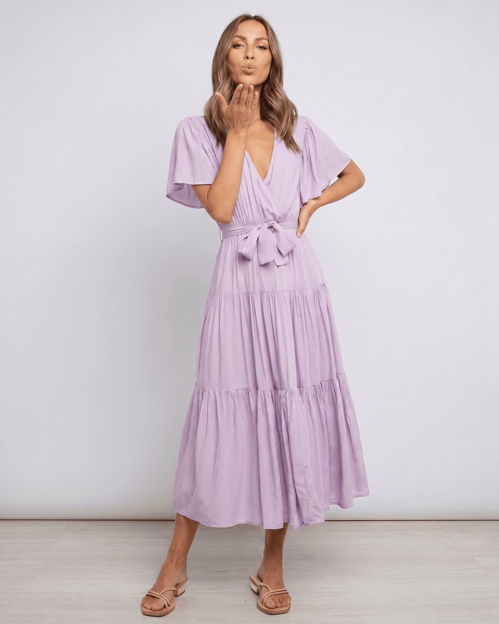 Solenne Midi Dress by Lauven — chiffon butterfly sleeve V-neck tiered midi dress